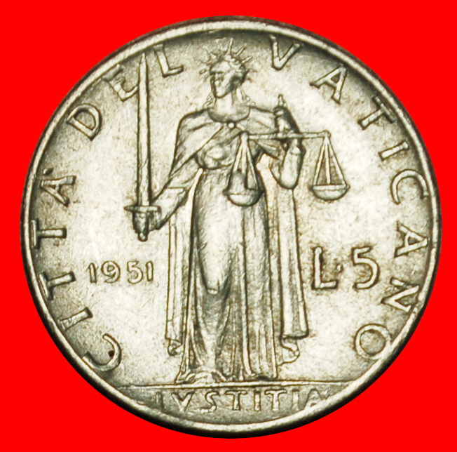 Ⰶ GODDESS JUSTICE (1951-1958): VATICAN ★ 5 LIRAS 1951! Pius XII (1939-1958) LOW START ★ NO RESERVE!