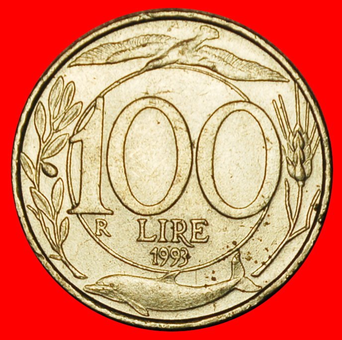 Ⰶ TURRETED ALLEGORY (1993-2001): ITALY ★ 100 LIRAS 1993R BIRD AND DOLPHIN! LOW START ★ NO RESERVE!