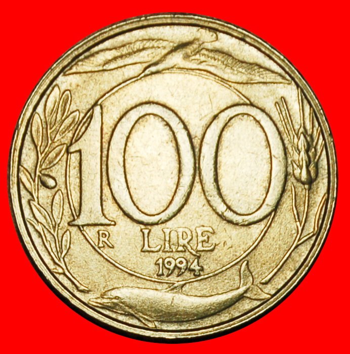 Ⰶ TURRETED ALLEGORY (1993-2001): ITALY ★ 100 LIRAS 1994R BIRD AND DOLPHIN! LOW START ★ NO RESERVE!