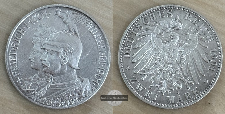  Deutsches Kaiserreich  2 Mark  1901   200 Jahre Preußen FM-Frankfurt Feinsilber: 10g   