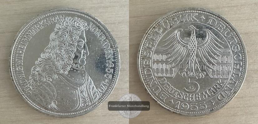  Deutschland 5 Mark, 1955 Ludwig Wilhelm von Baden  FM-Frankfurt KM#115 Feinsilber: 7g   