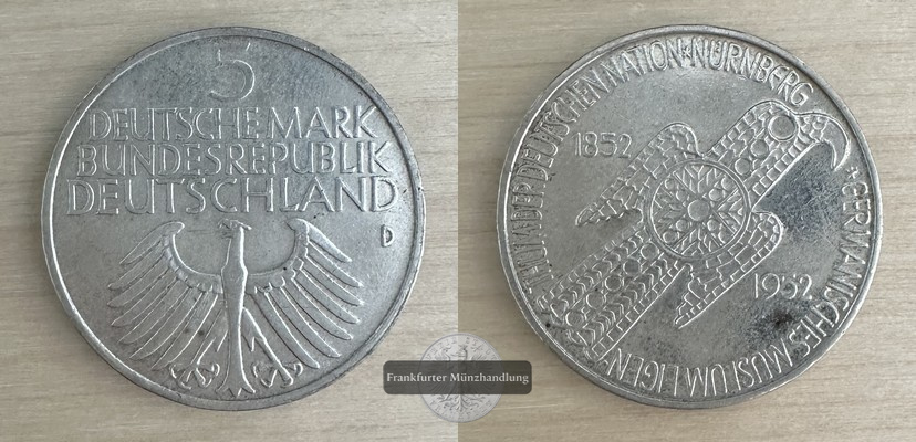  Deutschland 5 Mark, 1952 Germanisches Nationalmuseum in Nürnberg  FM-Frankfurt KM#113 Feinsilber: 7g   