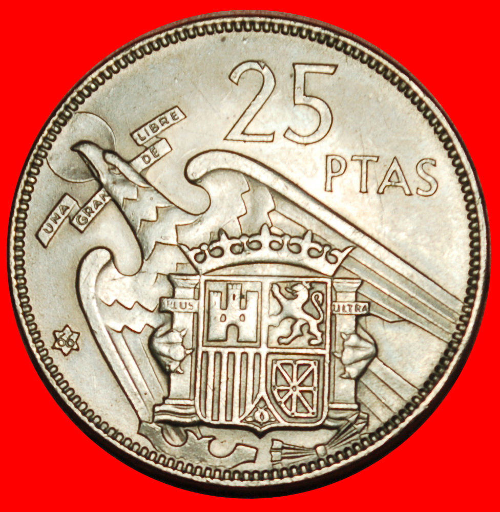 Ⰶ GENERALISSIMO FRANCO (1936-1975): SPAIN★ 25 PESETAS 1966 (1957) UNC LUSTRE★LOW START ★ NO RESERVE!