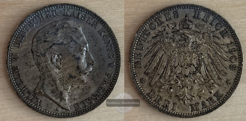 Deutsches Kaiserreich Preussen  3 Mark  Wilhelm II.  1909  A  FM-Frankfurt Feinsilber: 15g   