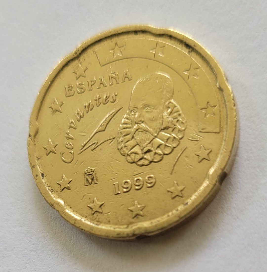 20 cent 1999 spanien, umlaufmünze gut erhalten mit Prägungsfehler am Ohr