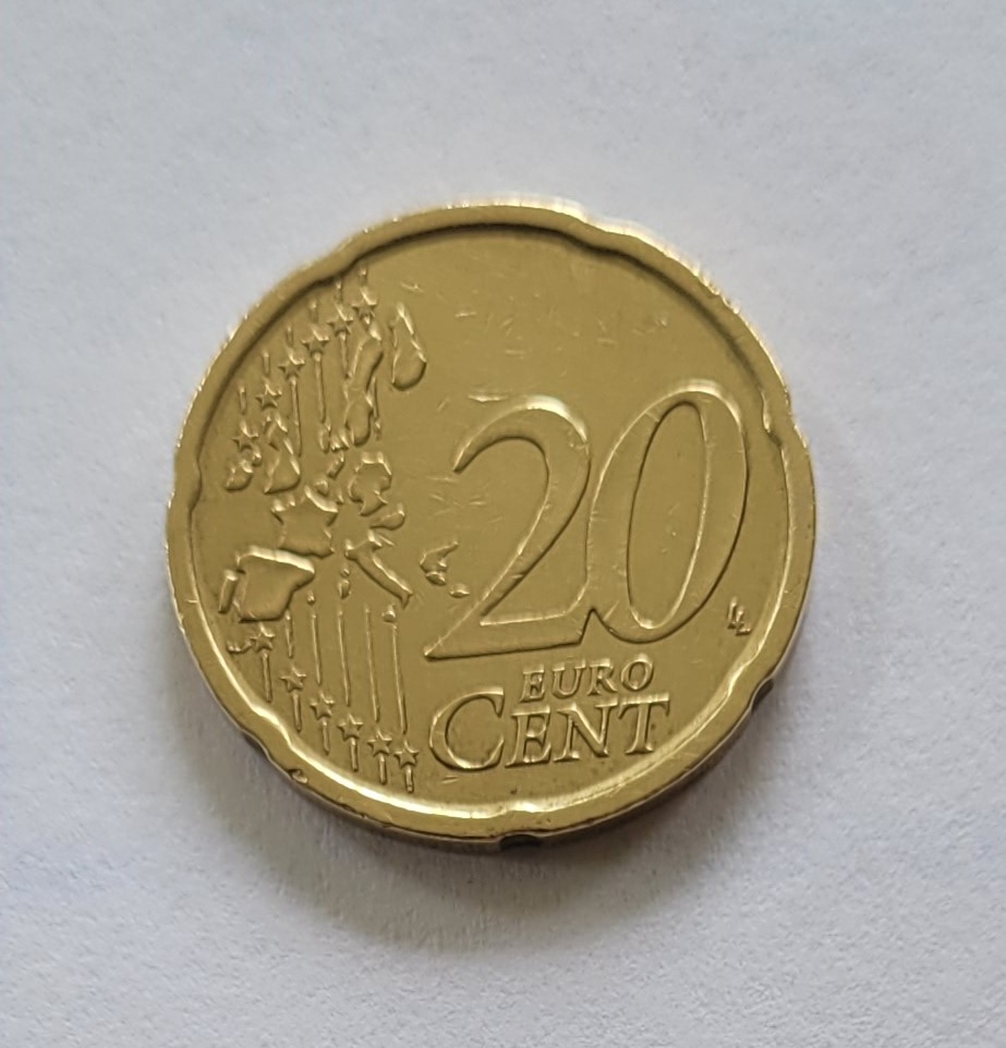  20 cent 1999 spanien, umlaufmünze gut erhalten mit Prägungsfehler am Ohr   