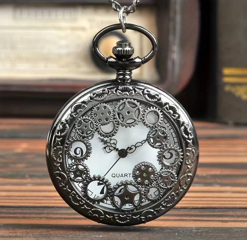 Taschenuhr Zahnrad Skelett 45mm 52gr mit 80cm Kette schwarz Quarzwerk NEU !