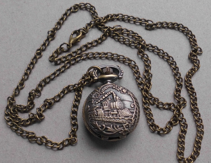 Eisenbahner-Taschenuhr Lokomotive 45mm 52gr mit 80cm Kette bronzefarbig Quarzwerk NEU !