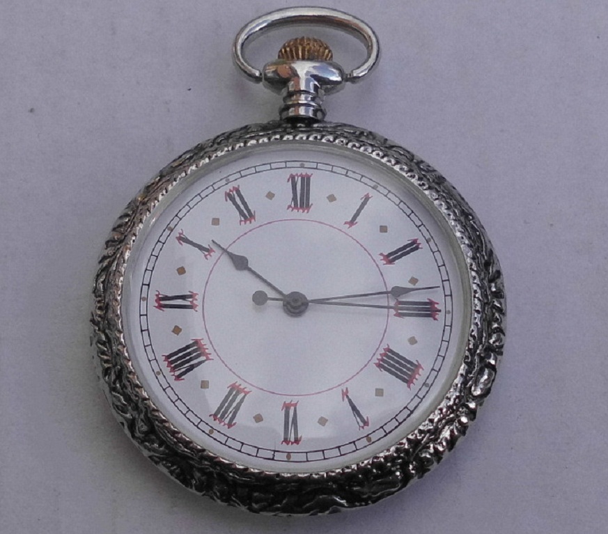 Taschenuhr römisches Zifferblatt Wappen auf dem Deckel 45mm silberfarbig Quarzwerk NEU !