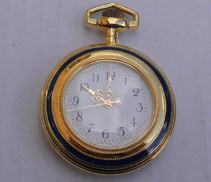 Taschenuhr mit blauer Randverzierung beidseitig 45mm goldfarbig Quarzwerk NEU !