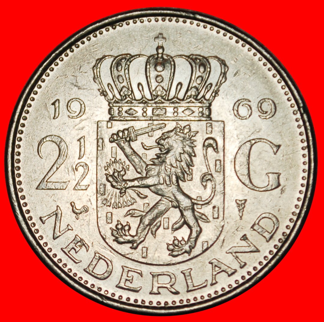 Ⰶ PORTRAIT SINISTER: NETHERLANDS ★ 2 1/2 GULDEN 1969! JULIANA (1948-1980)★LOW START ★ NO RESERVE!