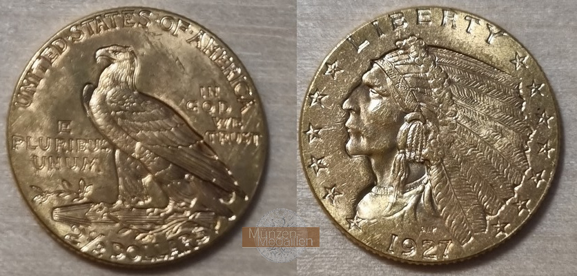 USA.  2,5 Dollar MM-Frankfurt Feingold: 3,76g Quarter Eagle - Indian Head 1927 