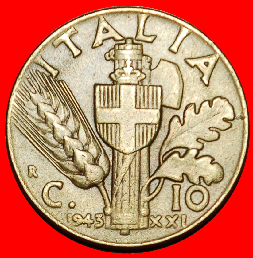 Ⰶ SAVOY ARMS (1939-1943): ITALY ★ 10 CENTESIMOS XXI 1943R! ★LOW START ★ NO RESERVE!
