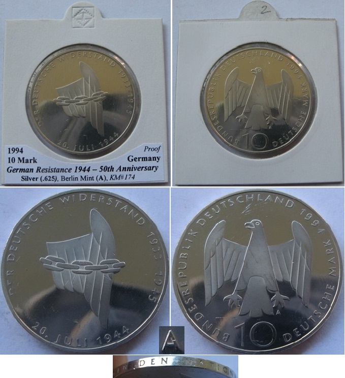  1994-Germany-10 Mark (A)-German Resistance 20.Juli 1944-silver coin-Proof   