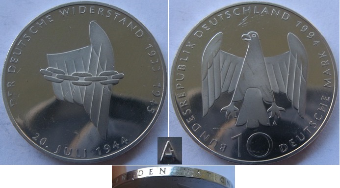  1994-Germany-10 Mark (A)-German Resistance 20.Juli 1944-silver coin-Proof   