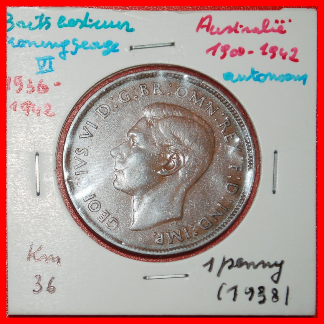  Ⰶ KANGAROO WITH INDIA: AUSTRALIA★1 PENNY 1938 MELBOURNE! GEORGE VI 1937-1952★LOW START ★ NO RESERVE!   