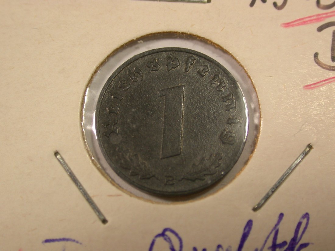 I8 3.Reich 1 Pfennig 1943 B in vz-st/f.st Top Qualität im Rähmchen Originalbilder
