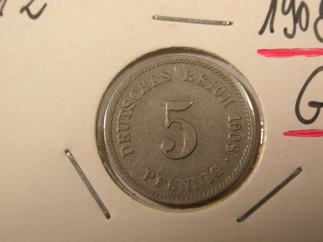 I8 KR 5 Pfennig 1908 G in ss/ss+ im Rähmchen Originalbilder