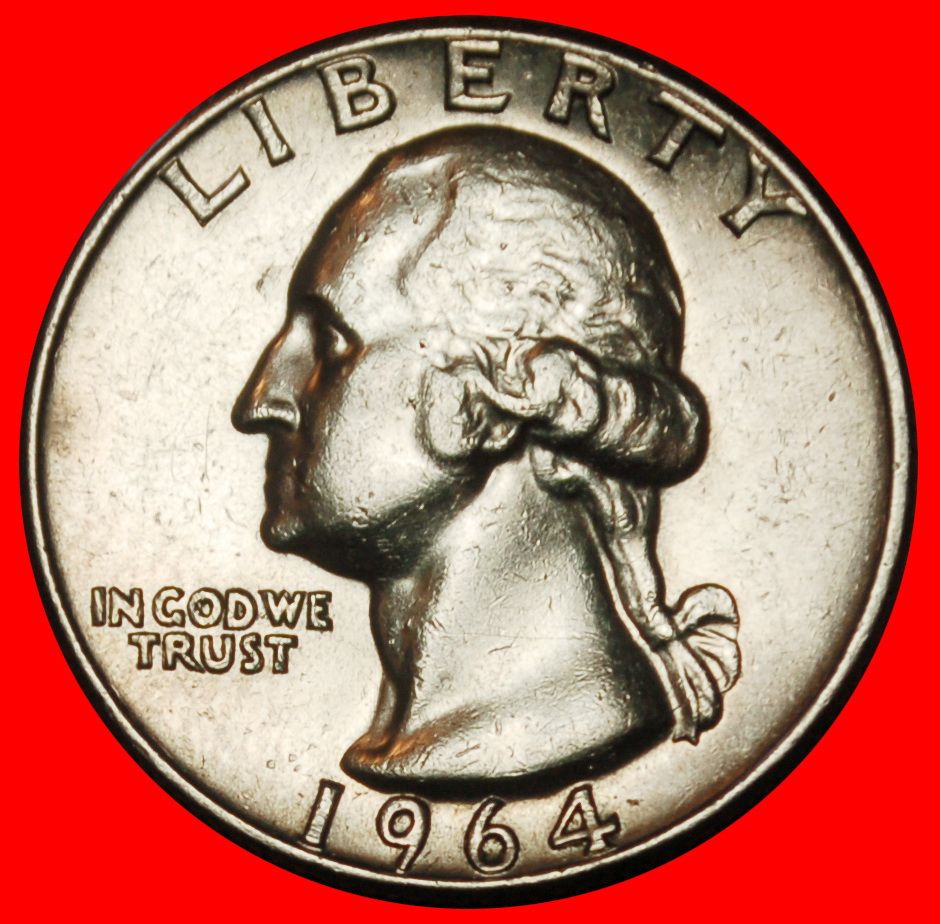 Ⰶ SOLID SILVER (1932-1964): USA ★ 1/4 DOLLAR 1964! WASHINGTON (1789-1797)!★LOW START ★ NO RESERVE!