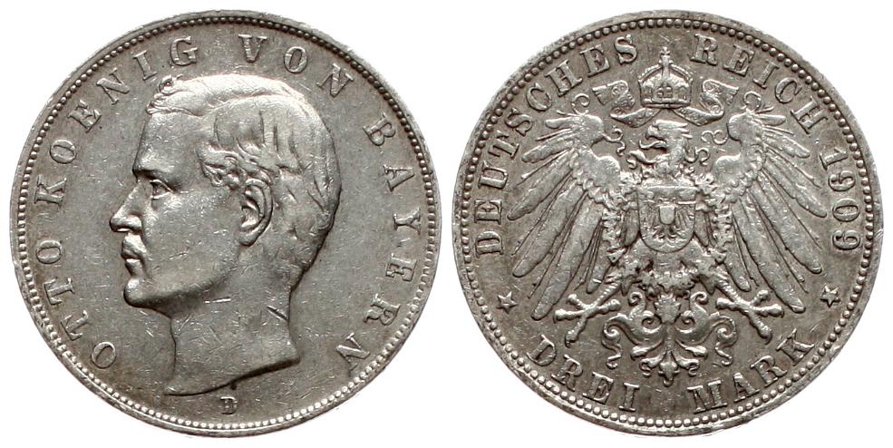 Bayern: Otto, 3 Mark 1909. Silber, etwas Patina, siehe Bilder!   