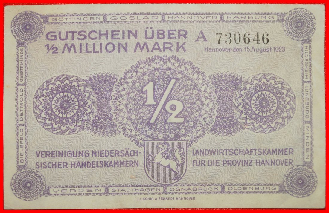 Ⰶ HORSE AND EAGLE: GERMANY HANOVER ★ 1/2 MILLION MARKS 1923 CRISP! ★LOW START★ NO RESERVE!