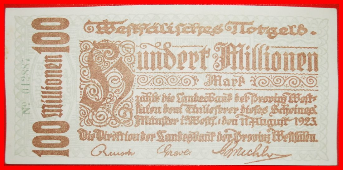 Ⰶ WESTPHALIA: GERMANY MUENSTER★100000000 MARKS 1923 UNCOMMON! TO BE PUBLISHED★LOW START★ NO RESERVE!