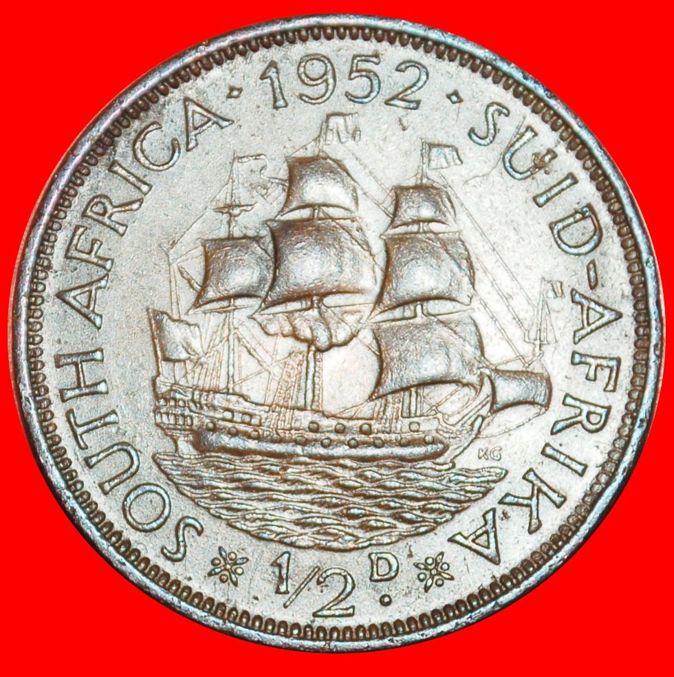 Ⰶ OHNE INDIEN (1948-1952): SÜDAFRIKA ★ 1/2 PENNY 1952 SCHIFF! GEORG VI. (1937-1952)★OHNE VORBEHALT!