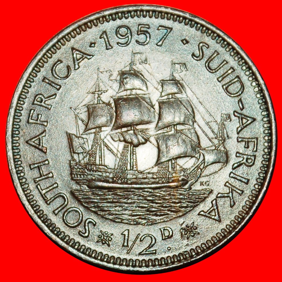 Ⰶ ELISABETH II. (1953-2022): SÜDAFRIKA ★ 1/2 PENNY 1957 SCHIFF (1953-1960)!★OHNE VORBEHALT!