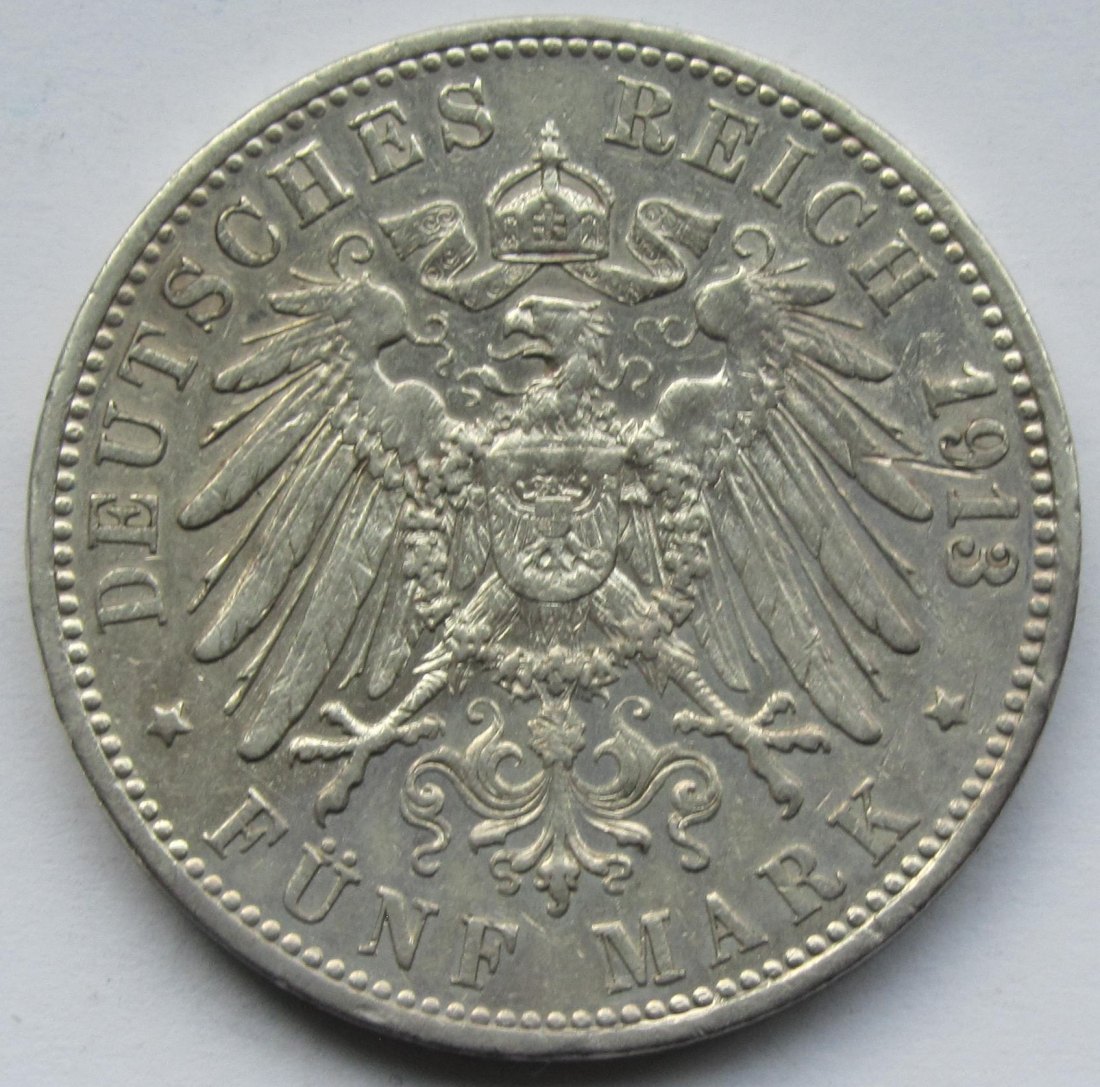  Kaiserreich: Baden, 5 Mark Friedrich II. (Jaeger 40), 1913   
