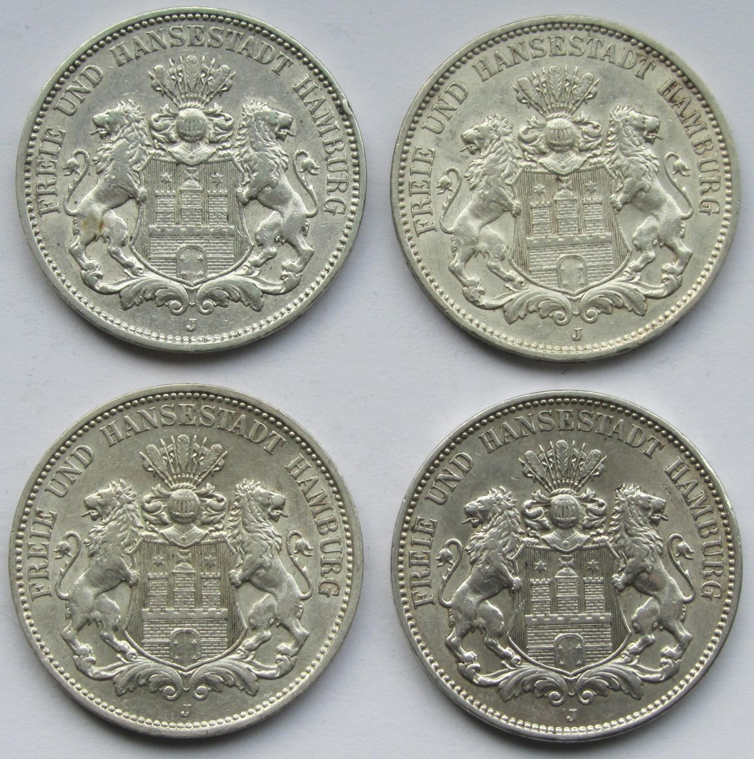  Kaiserreich: Hamburg, 3 Mark (Jaeger 64), 4 Stück (1909 + 1910 + 1911 + 1914)   