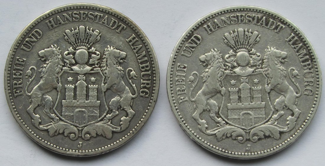  Kaiserreich: Hamburg, 5 Mark (Jaeger 62), 2 Stück (1875 + 1876)   