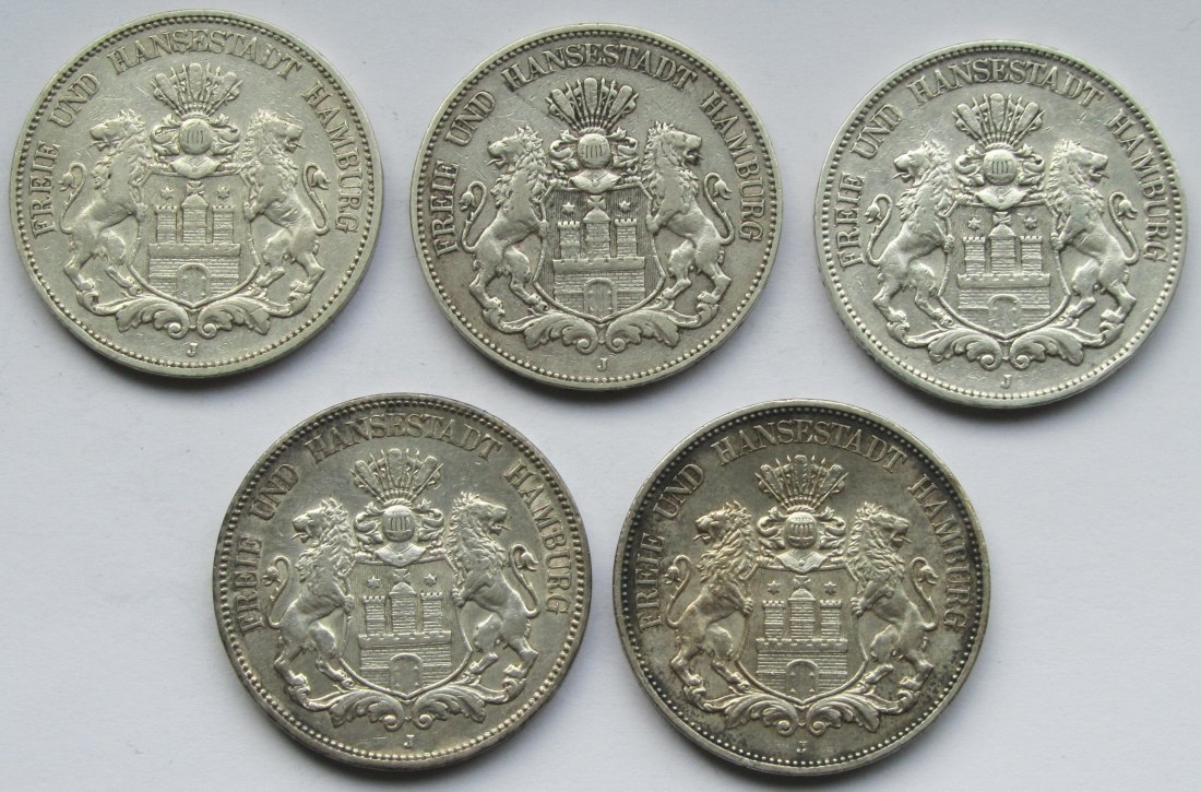  Kaiserreich: Hamburg, 5 Mark (Jaeger 65), 5 Stück (1901 + 1903 + 1907 + 1908 + 1913)   