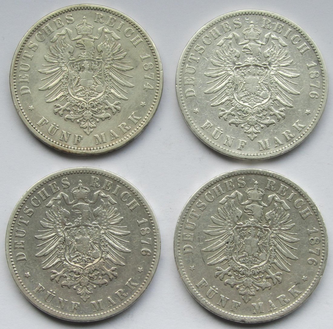  Kaiserreich: Preußen, 5 Mark Wilhelm I. (Jaeger 97), 4 Stück (1874 A + 1876 A + 1876 B + 1876 C)   