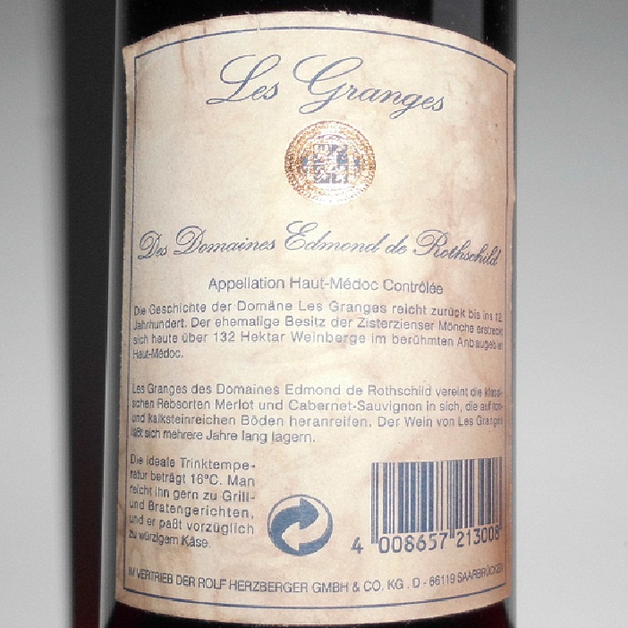  Antik-Rotwein Domain Edmond de Rothschild 1999 Les Granges Haut-Medoc Frankreich 0,75l 12,5% Alc   