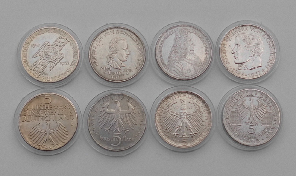  5 DM Die ersten 4 1952D Museum 1955F Schiller G Markgraf 1957J Eichendorff Platzhalter in Kapsel   