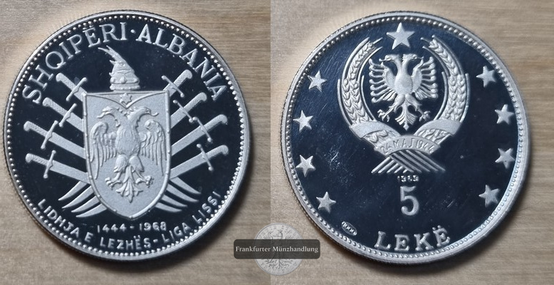  Albanien  5 Leke  1968  FM-Frankfurt KM#49 Feingewicht: 16,66g Silber vorzüglich aus pp   