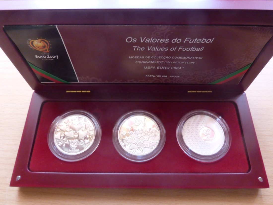 3 Oz Silber Proof Set Portugal zur Fußball-EM 2004 mit Holzetui und COA