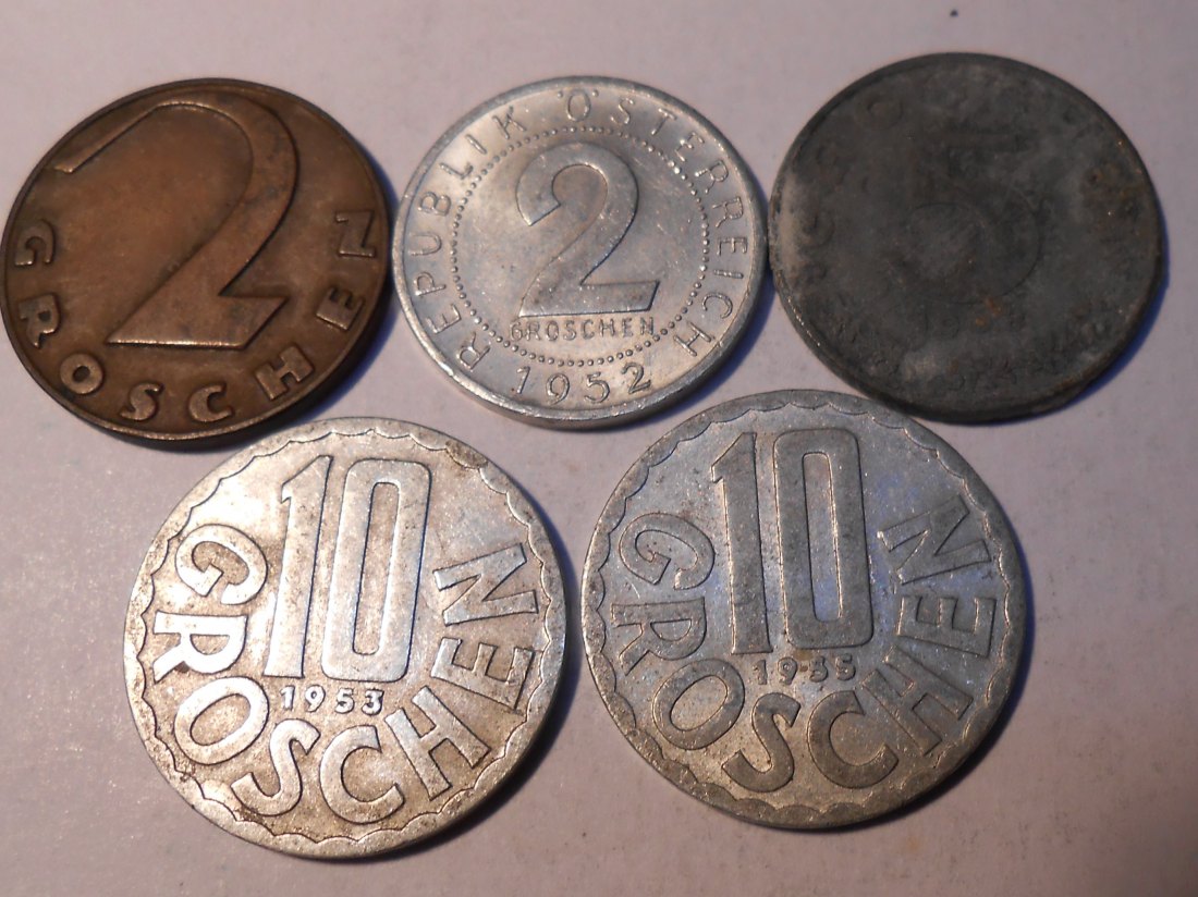 M.169. Österreich 5erLot, 2 Groschen 1925, 2 Groschen 1952, 5 Groschen 1968, 10 Groschen 1953 /1955