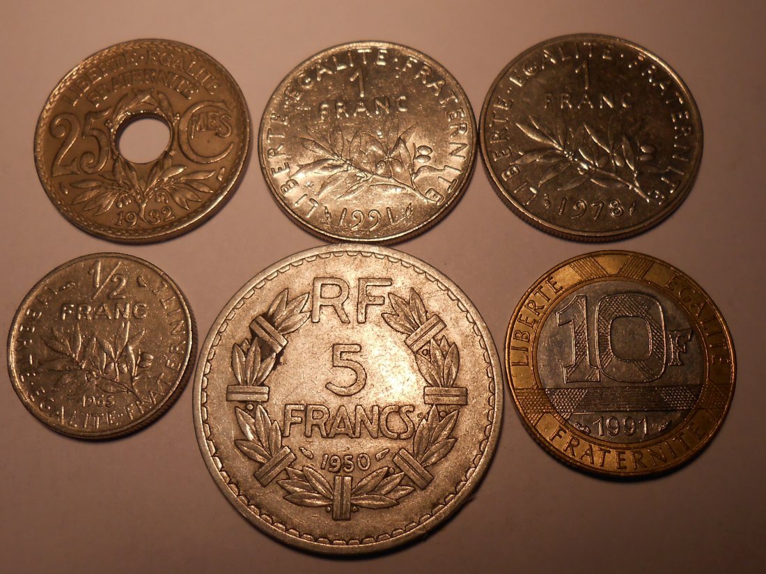 M.153. Frankreich 6erLot, 25 Cent.1932, 1/2 Fr 1965, 1Fr 1978+1991, 5Fr 1950 und 10Fr 1991