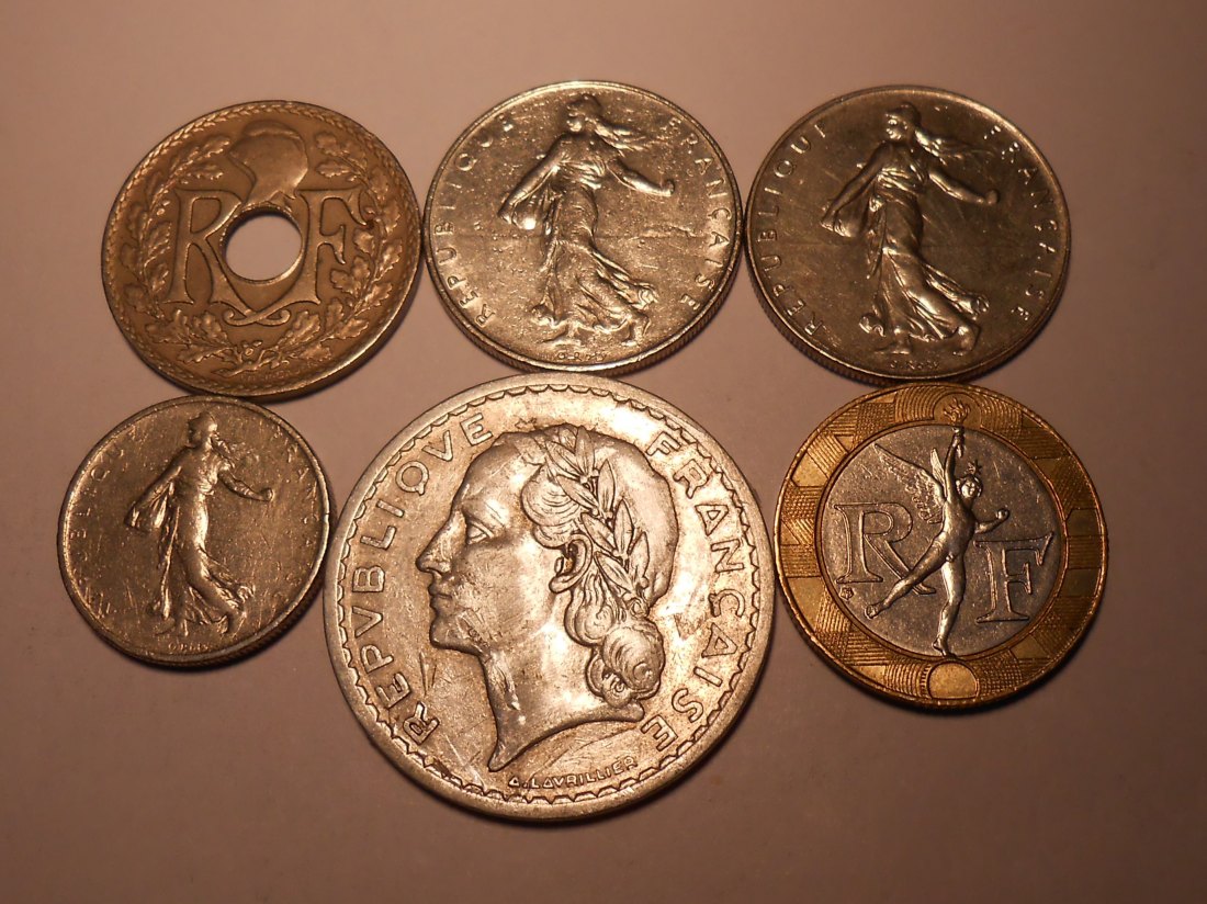  M.153. Frankreich 6erLot, 25 Cent.1932, 1/2 Fr 1965, 1Fr 1978+1991, 5Fr 1950 und 10Fr 1991   