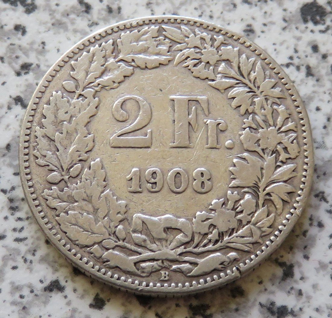  Schweiz 2 Franken 1908 B, relativ selten   