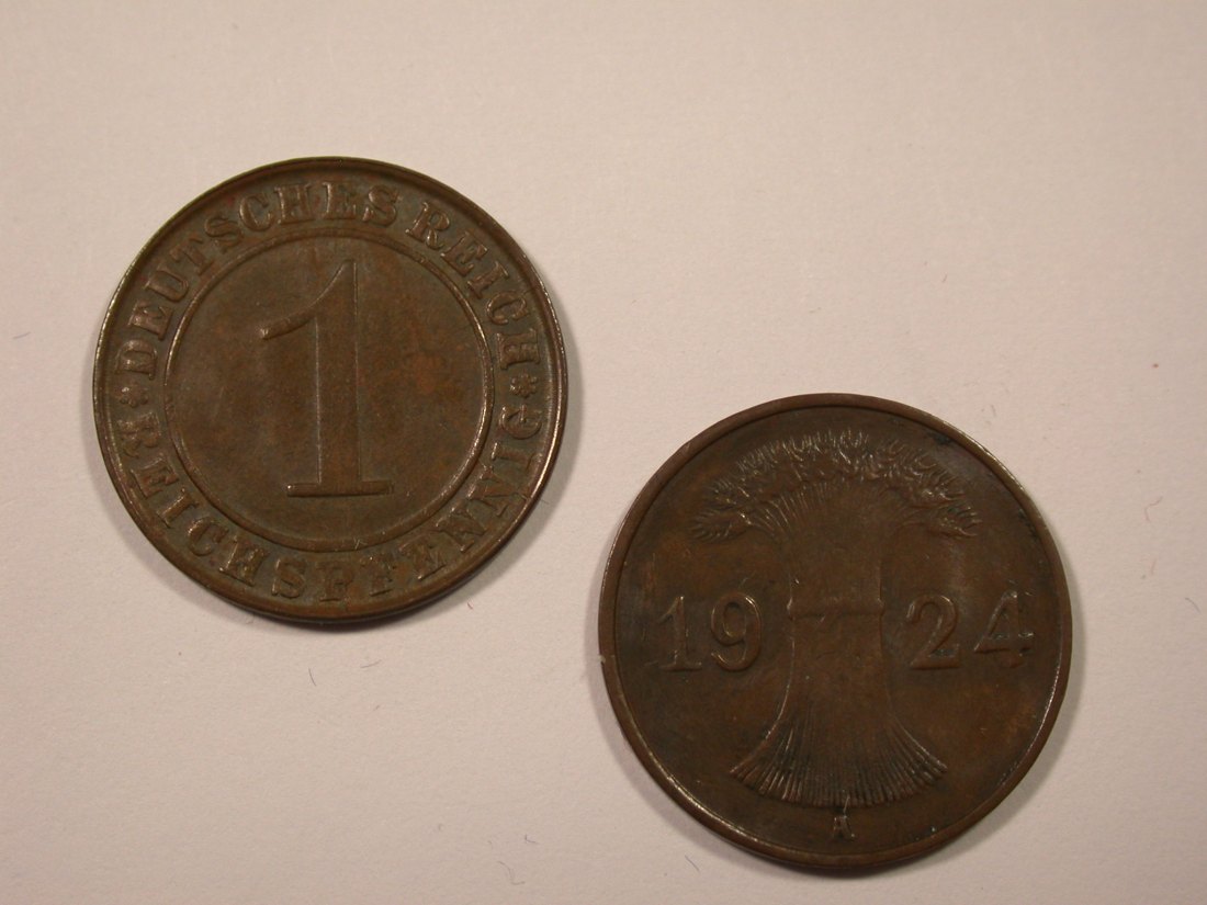 I14 Weimar 1 Reichspfennig 1924 A und D 2 Stück Originalbilder