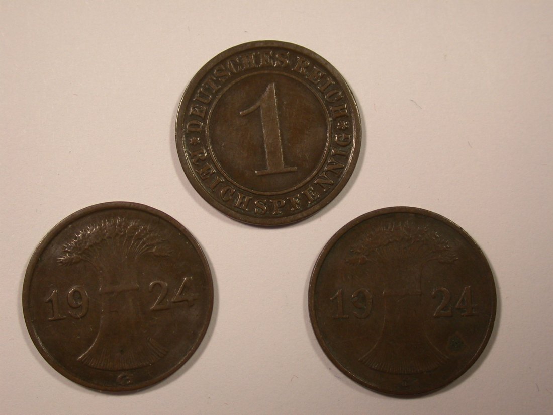 I14 Weimar 1 Reichspfennig 1924 F, G und J 3 Stück Originalbilder