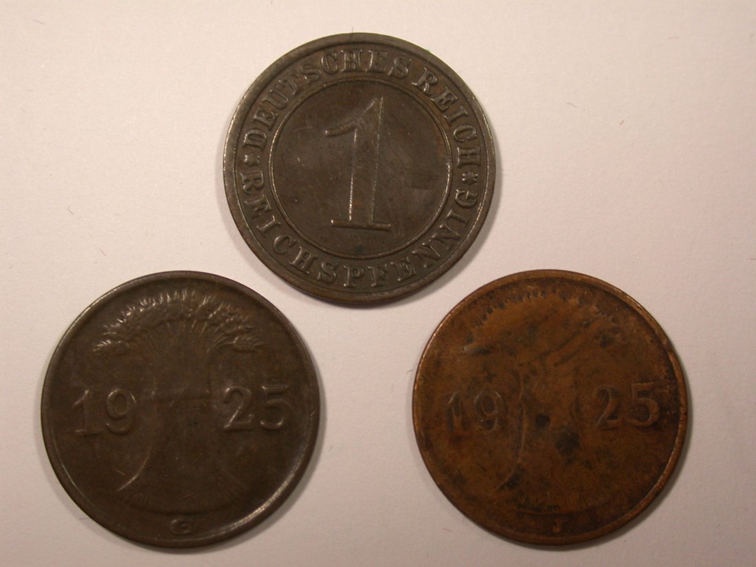 I14 Weimar 1 Reichspfennig 1925 F, G und J 3 Stück Originalbilder