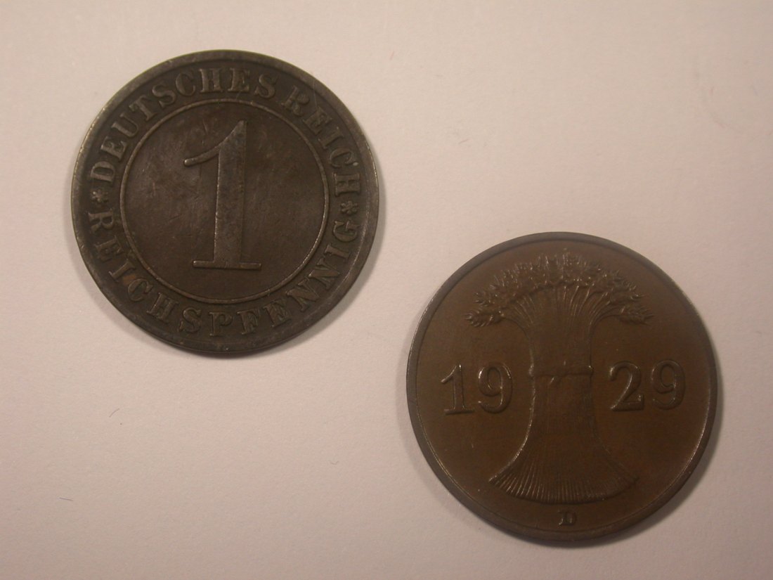 I14 Weimar 1 Reichspfennig 1929 A und D 2 Stück Originalbilder