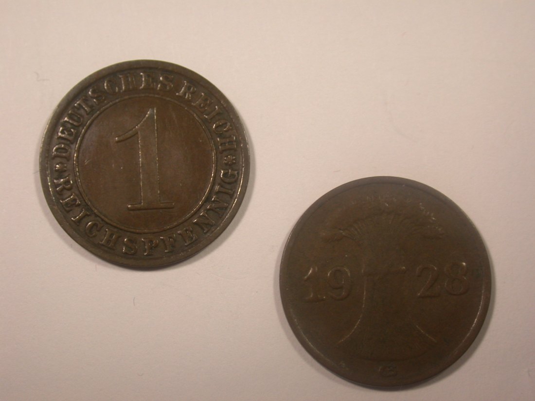I14 Weimar 1 Reichspfennig 1928 F und G 2 Stück Originalbilder