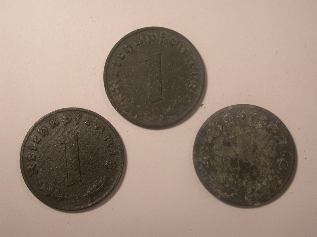 I11 3. Reich 1 Pfennig Zink 1943 D, E und F 3 Stück Originalbilder