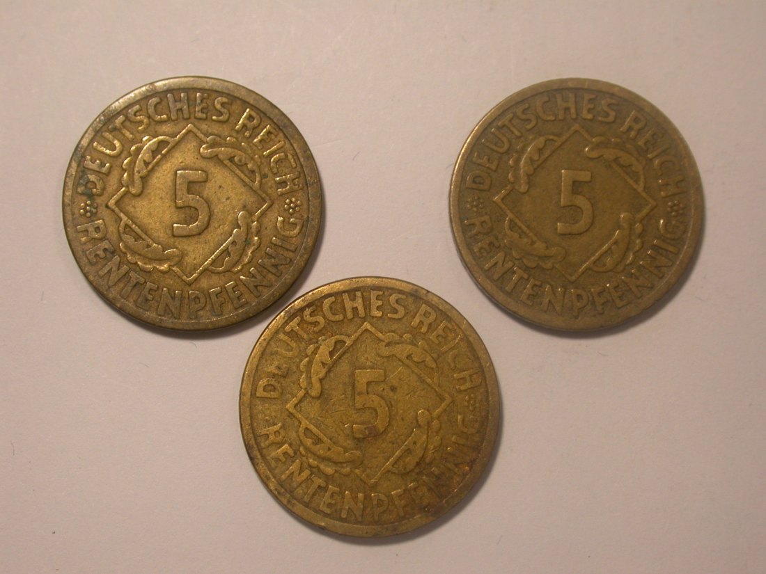 I11 Weimar 5 Rentenpfennig 2 x 1924 A und 1 x 1924 E 3 Münzen Originalbilder