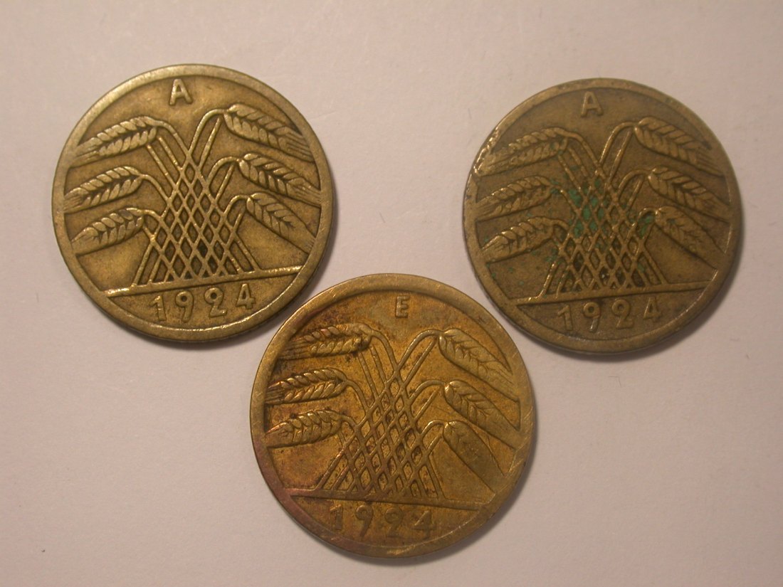  I11 Weimar 5 Rentenpfennig 2 x 1924 A und 1 x 1924 E  3 Münzen Originalbilder   