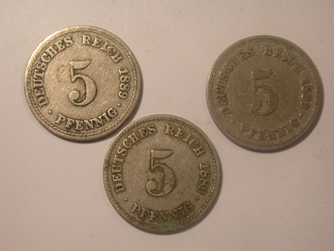I11 KR 5 Pfennig 1889 2 x A und 1 x D 3 Münzen Originalbilder